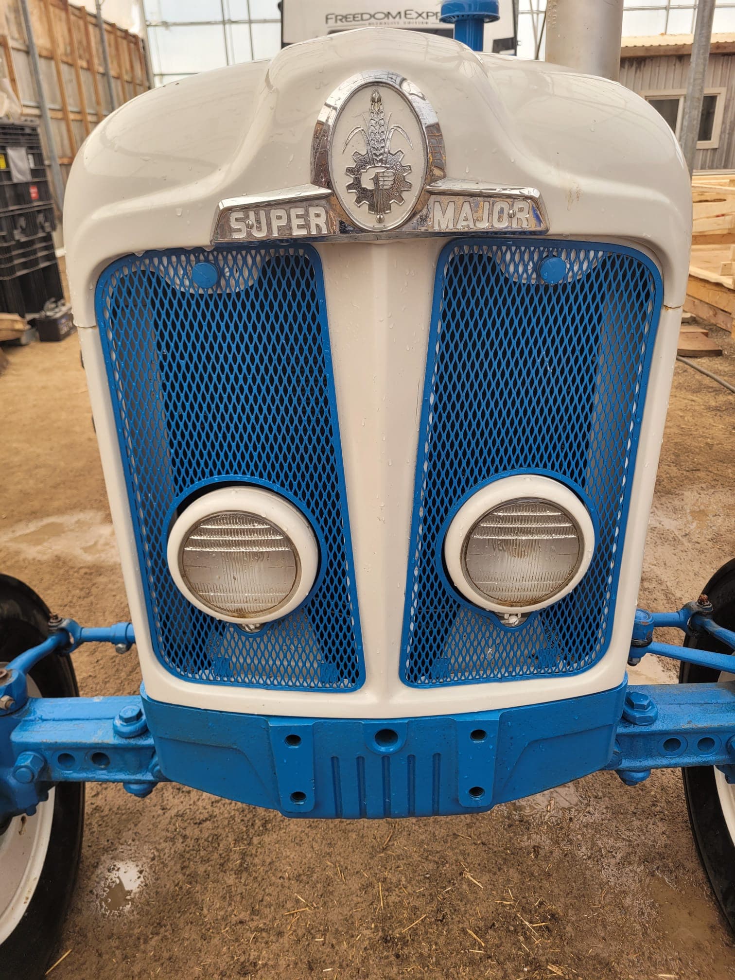 Front view of 1964 Fordson Super Major showing classic chrome grille and headlights